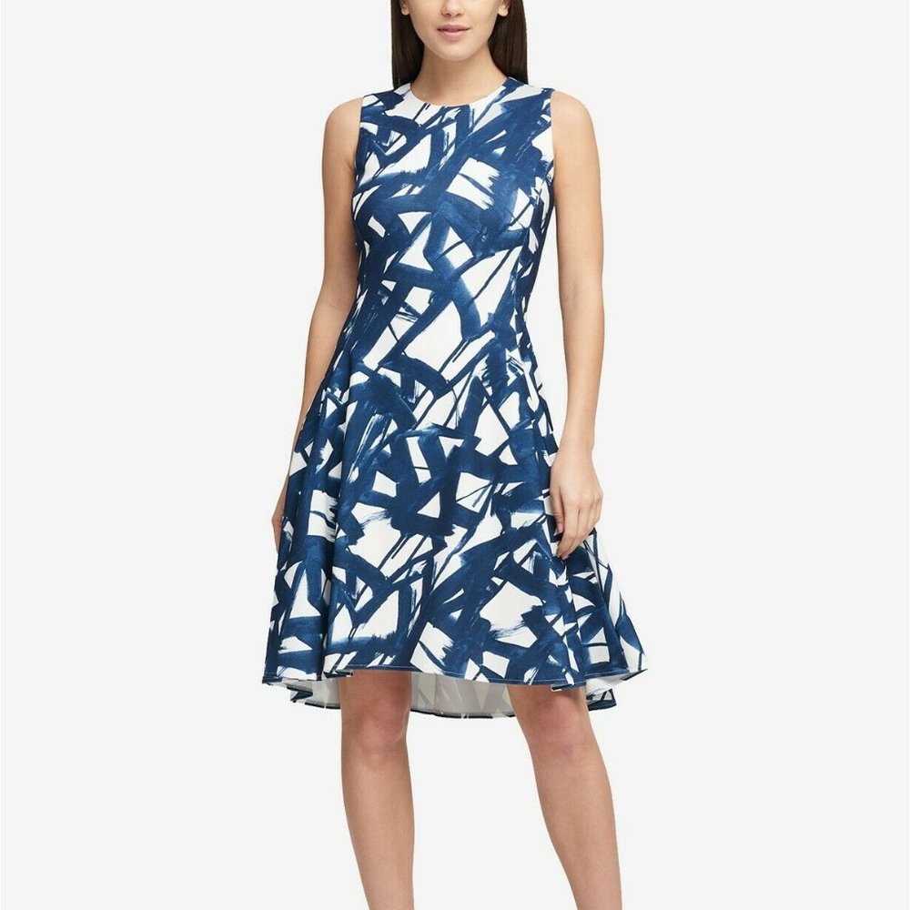 DKNY White and Navy Abstract Sleeveless A-Line Dress